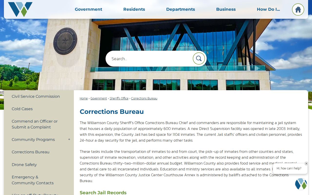Williamson County arrest lookup Corrections Bureau and jail search page
