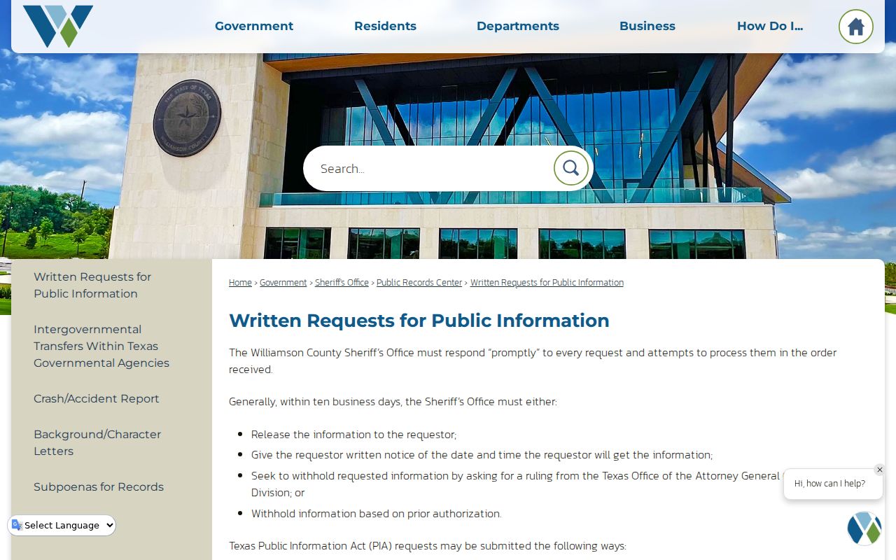 Williamson County arrest lookup written public information request instructions