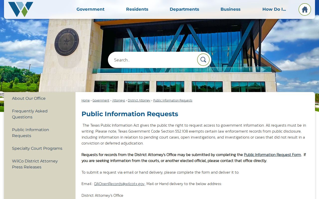 Williamson County criminal court cases District Attorney records request page