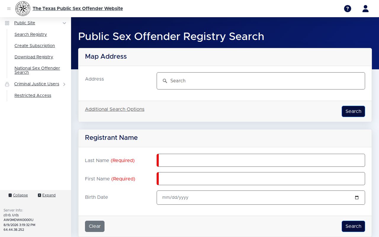 Williamson County sex offender search screen on the Texas DPS registry